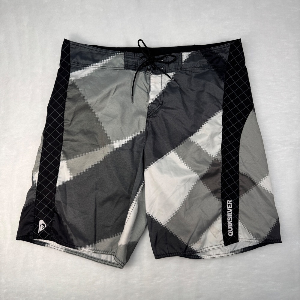 Vintage Quiksilver Neo Fly 2.0 Board Shorts Gray Plaid Surf Swim Men's 36 Y2K L